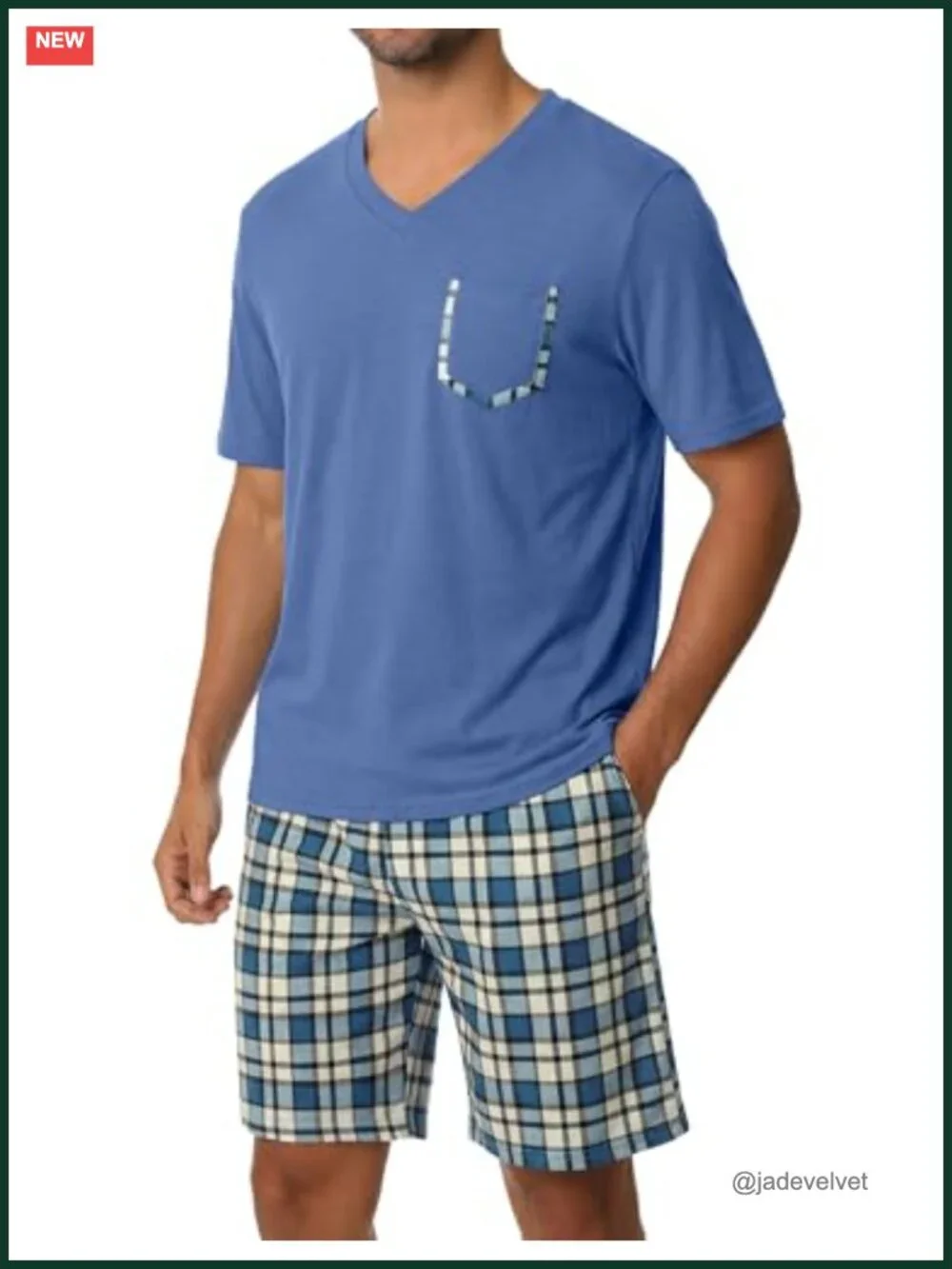 Mens Cotton Pajamas Set 2 Piece Soft Sleepwear Short Sleeve Top & Plaid Shorts